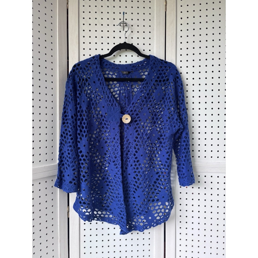 Kaktus Women's Lg/XL? Blue Open Crochet One Button Cardigan Sweater 3/4 SLV